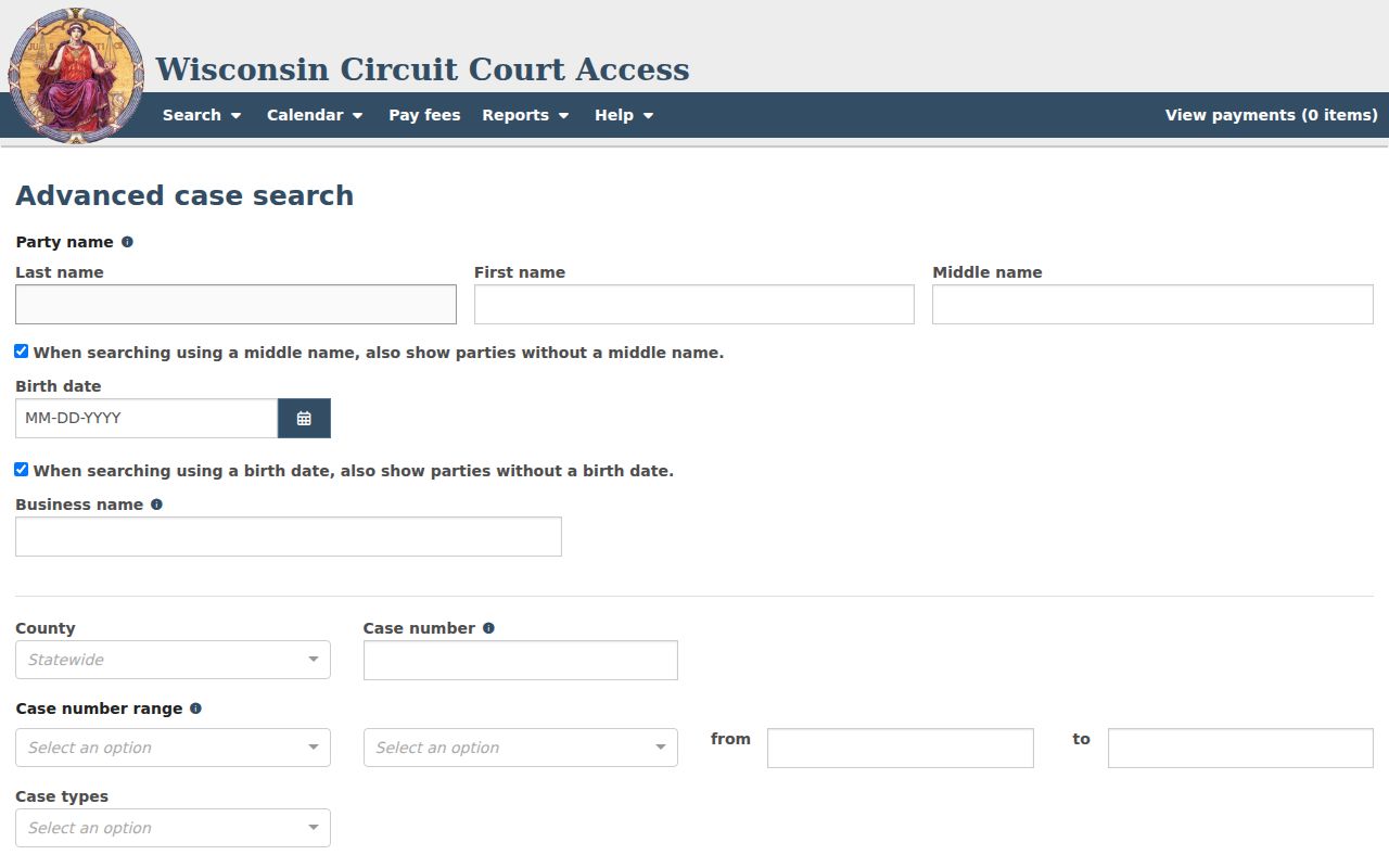 Jackson County court docket advanced WCCA search interface